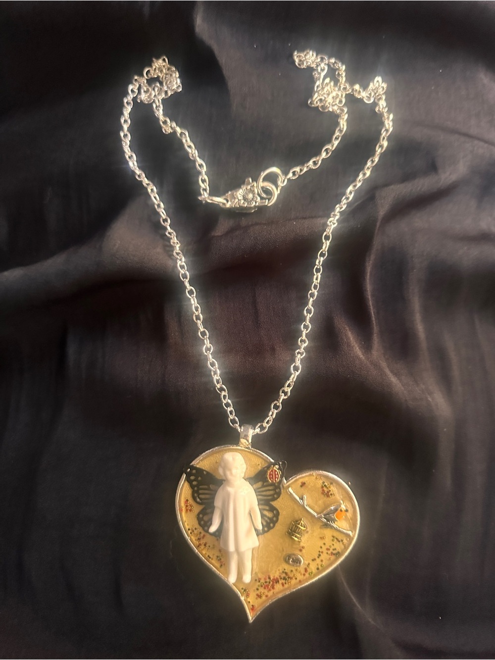 Hand Crafted Silver Heart Pendant Necklace with Butterfly Angel